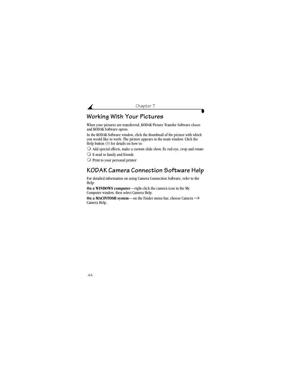 Working with your pictures, Kodak camera connection software help | Kodak LS420 User Manual | Page 54 / 90