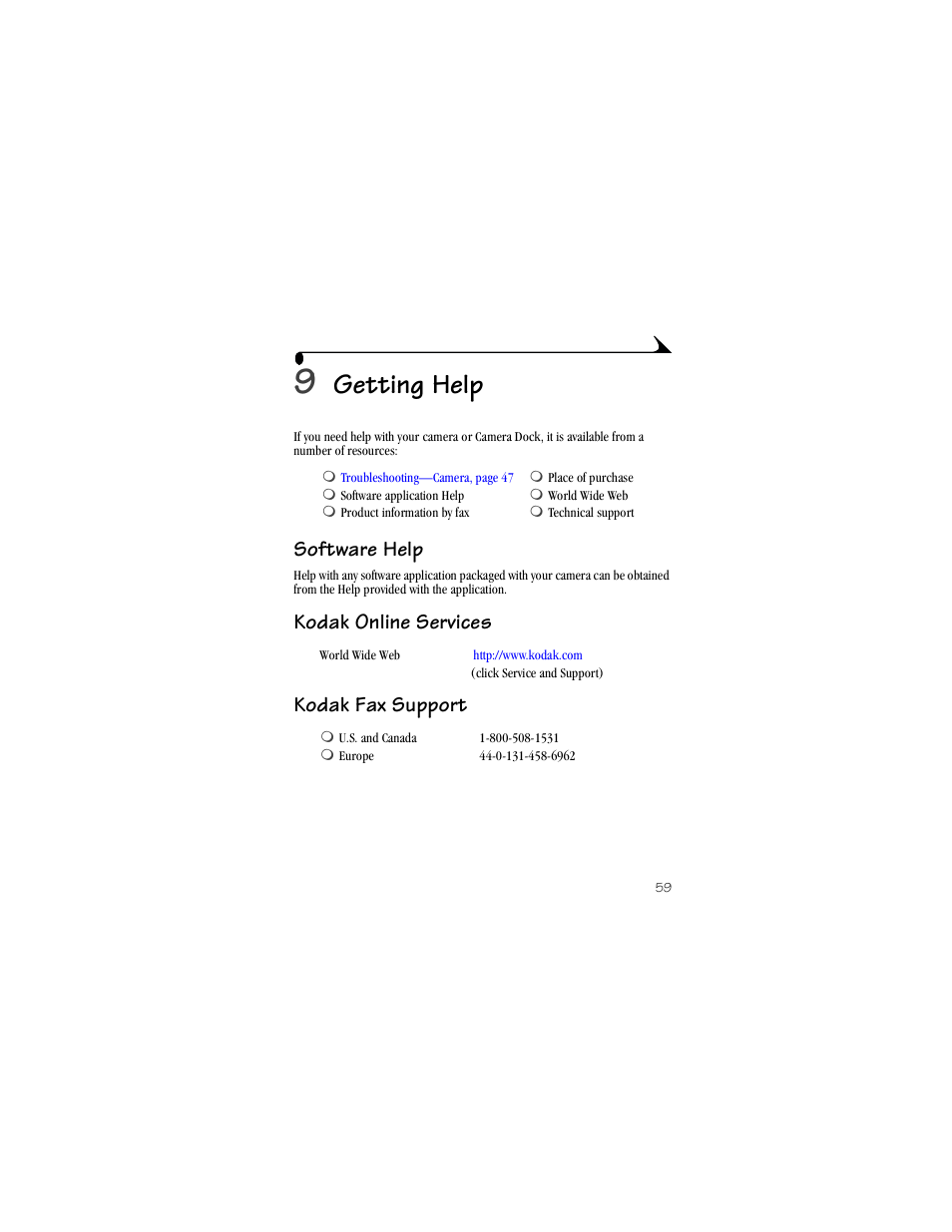 9 getting help, Software help, Kodak online services | Kodak fax support, Getting help, Kodak online services kodak fax support | Kodak LS420 User Manual | Page 69 / 90