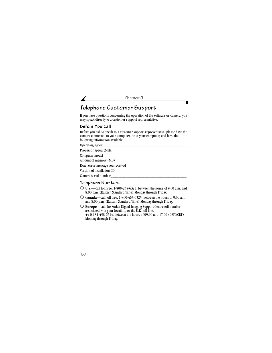 Telephone customer support, Before you call, Telephone numbers | Kodak LS420 User Manual | Page 70 / 90