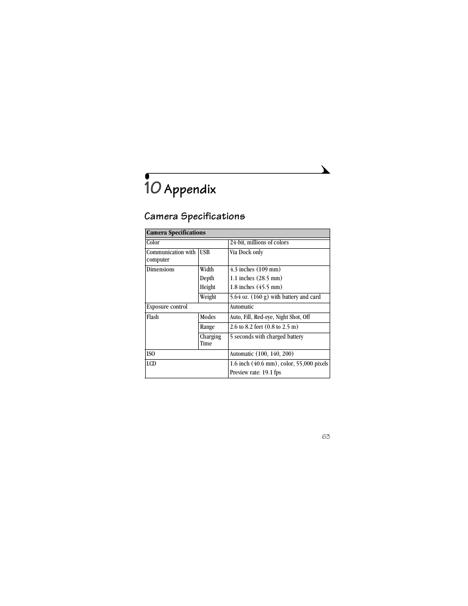 10 appendix, Camera specifications, Appendix | Kodak LS420 User Manual | Page 73 / 90