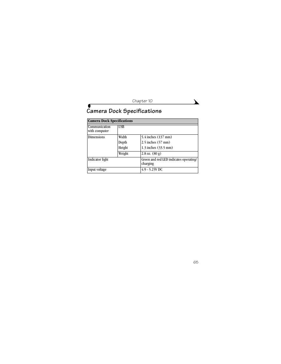 Camera dock specifications | Kodak LS420 User Manual | Page 75 / 90