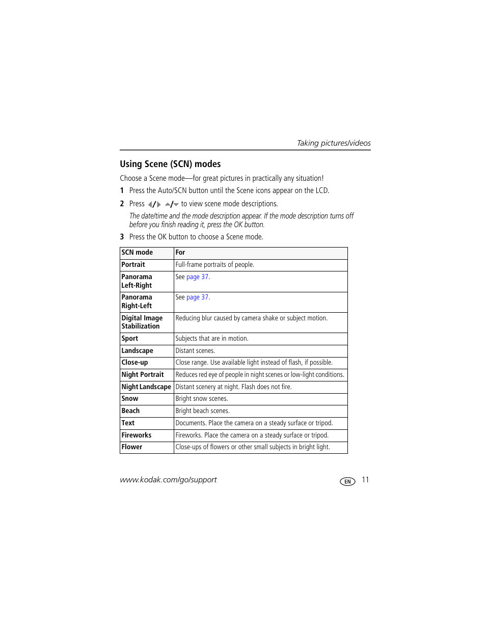 Using scene (scn) modes | Kodak V1233 User Manual | Page 17 / 77