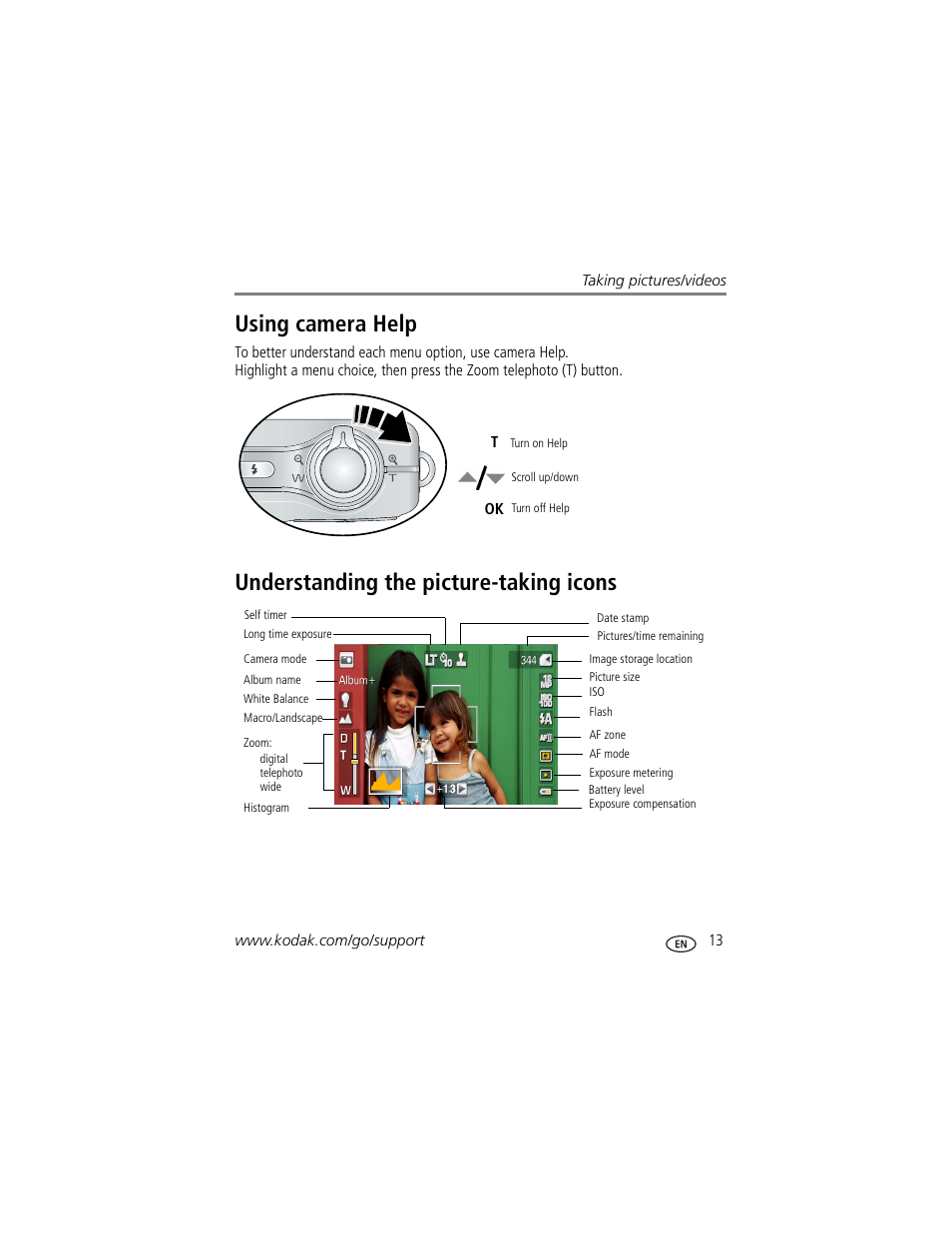 Understanding the picture-taking icons, Using camera help | Kodak V1233 User Manual | Page 19 / 77