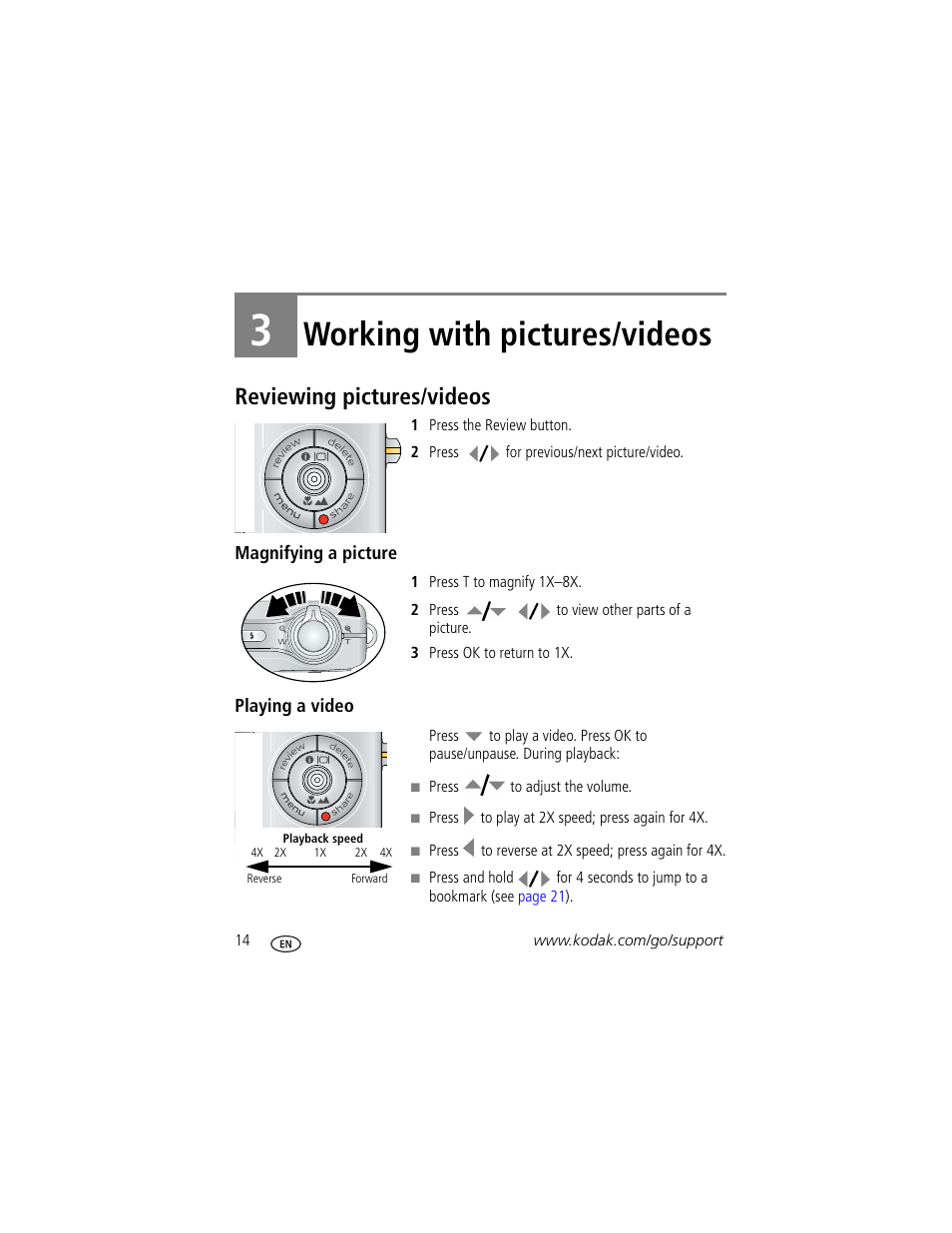 Working with pictures/videos, Reviewing pictures/videos, Magnifying a picture | Playing a video, 3 working with pictures/videos | Kodak V1233 User Manual | Page 20 / 77