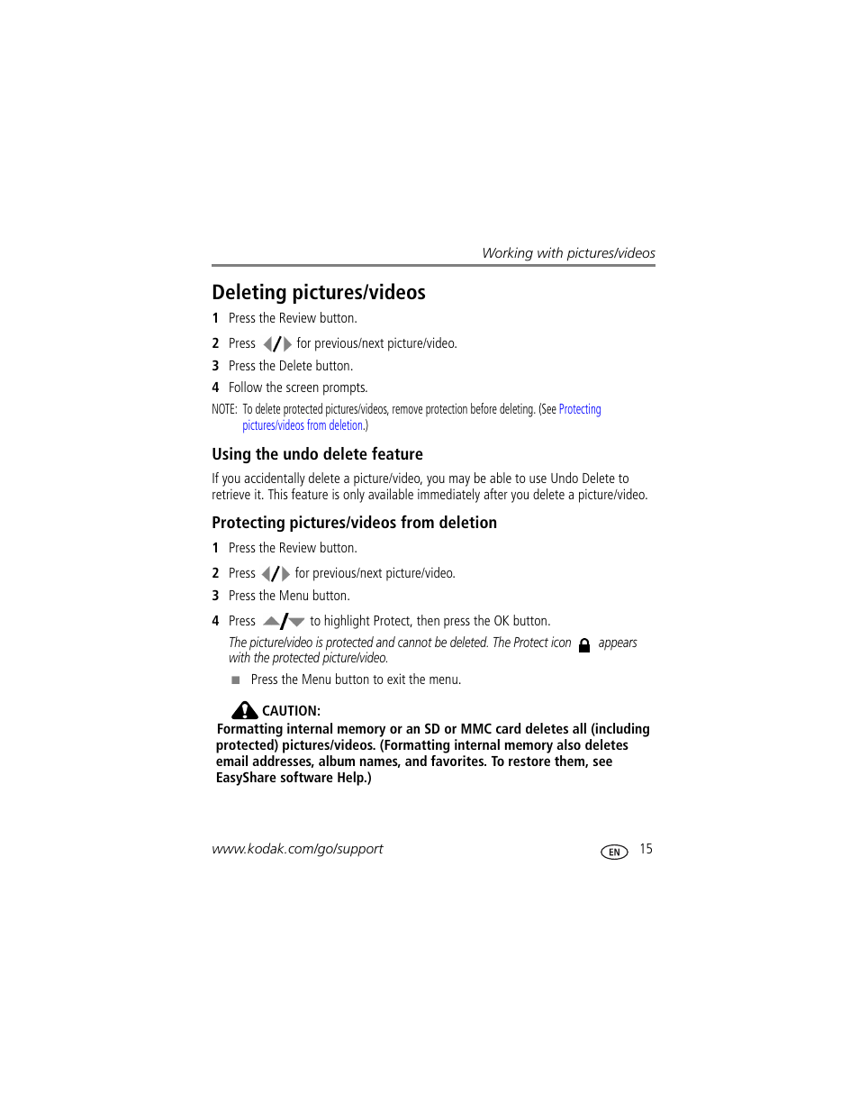 Deleting pictures/videos, Using the undo delete feature, Protecting pictures/videos from deletion | Kodak V1233 User Manual | Page 21 / 77