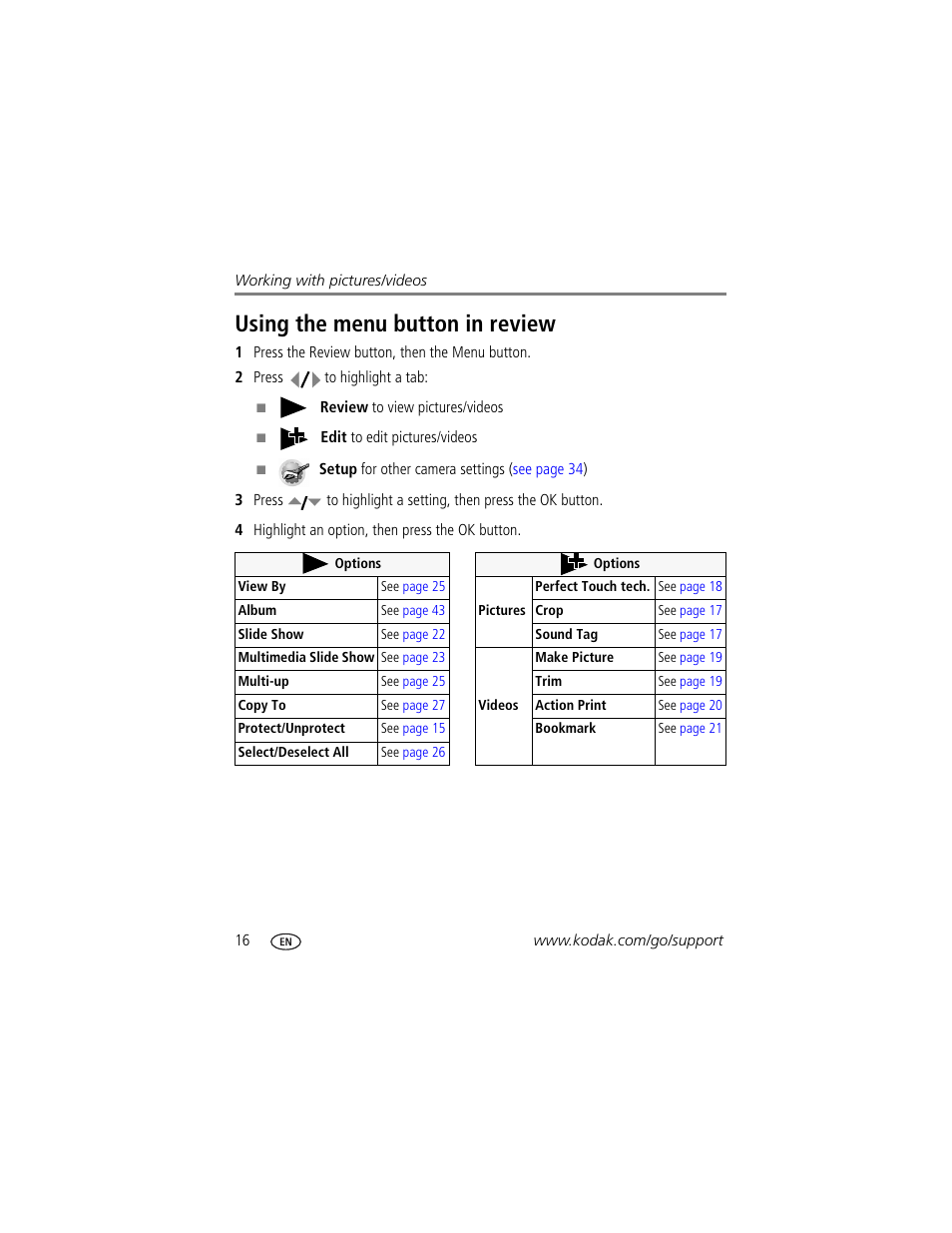 Using the menu button in review | Kodak V1233 User Manual | Page 22 / 77