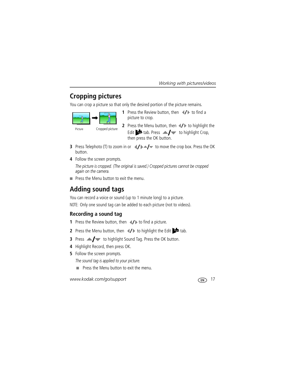 Adding sound tags, Recording a sound tag, Cropping pictures adding sound tags | Cropping pictures | Kodak V1233 User Manual | Page 23 / 77