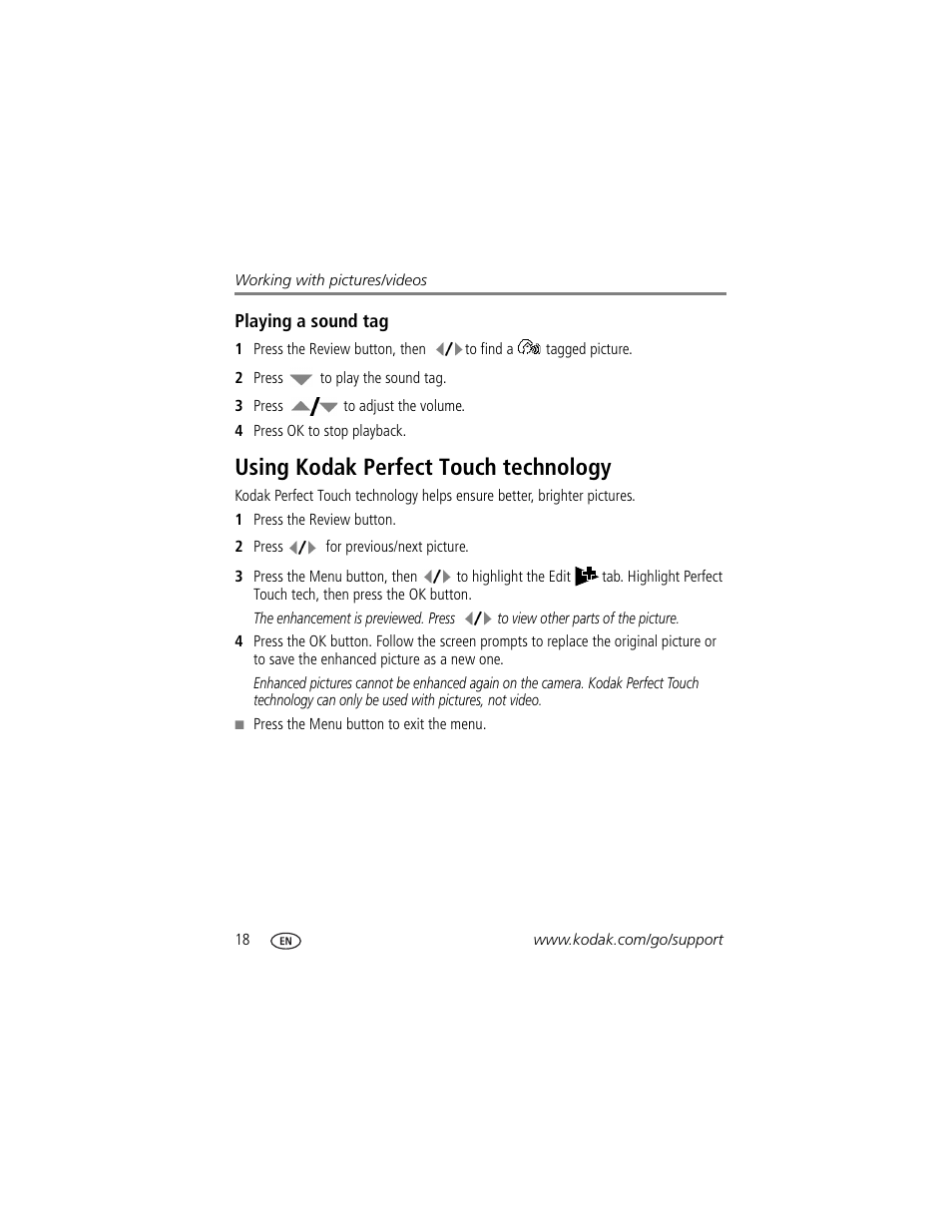 Playing a sound tag, Using kodak perfect touch technology | Kodak V1233 User Manual | Page 24 / 77