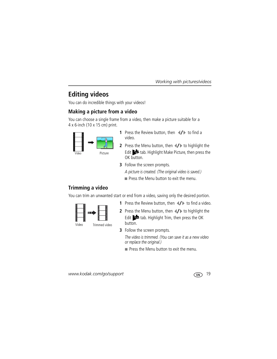 Making a picture from a video, Trimming a video, Editing videos | Kodak V1233 User Manual | Page 25 / 77