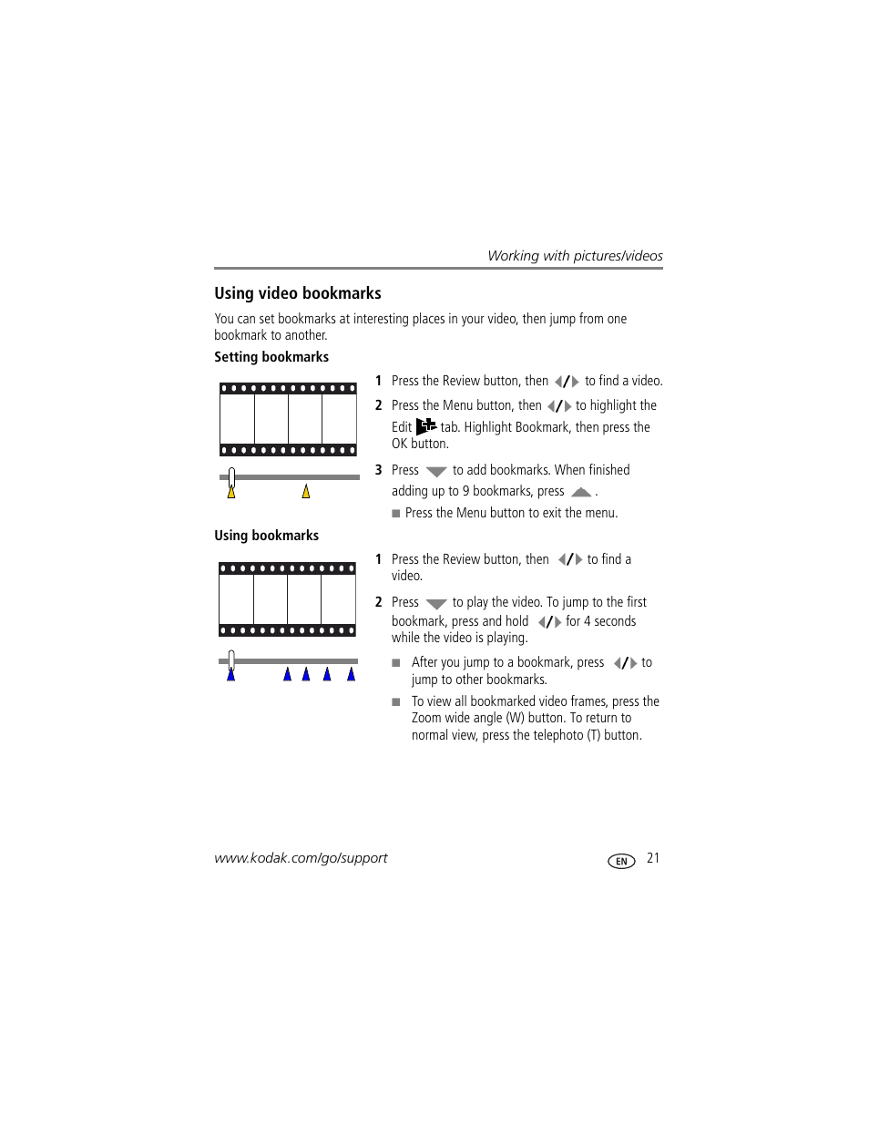 Setting bookmarks, Using bookmarks | Kodak V1233 User Manual | Page 27 / 77