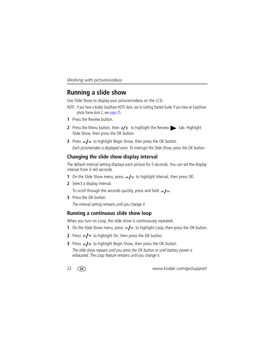 Changing the slide show display interval, Running a continuous slide show loop, Running a slide show | Kodak V1233 User Manual | Page 28 / 77