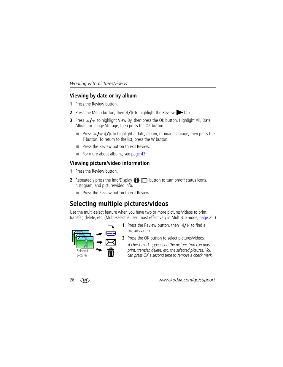 Viewing picture/video information, Selecting multiple pictures/videos | Kodak V1233 User Manual | Page 32 / 77