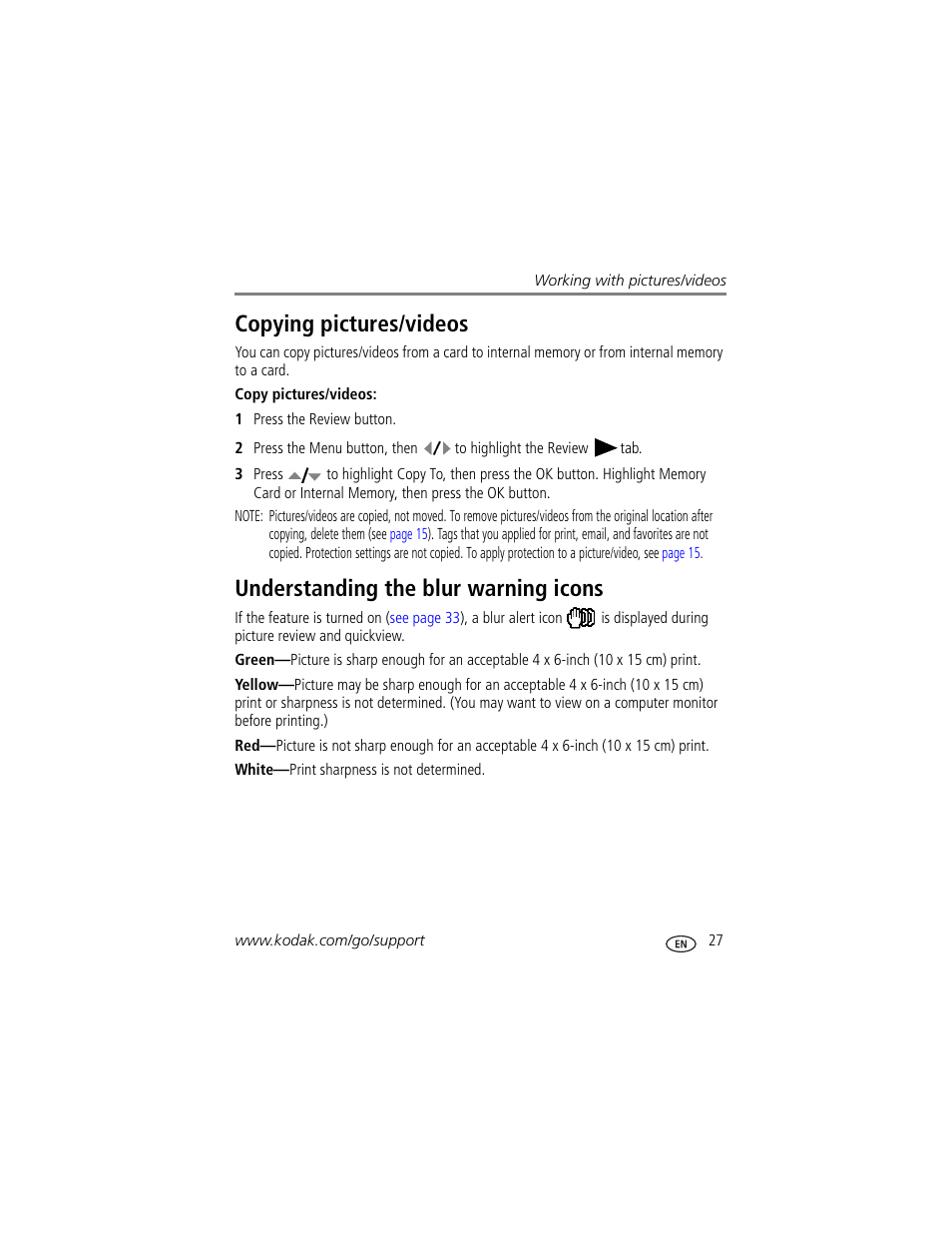 Understanding the blur warning icons, Copying pictures/videos | Kodak V1233 User Manual | Page 33 / 77