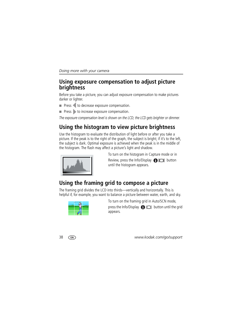 Using the histogram to view picture brightness, Using the framing grid to compose a picture | Kodak V1233 User Manual | Page 44 / 77