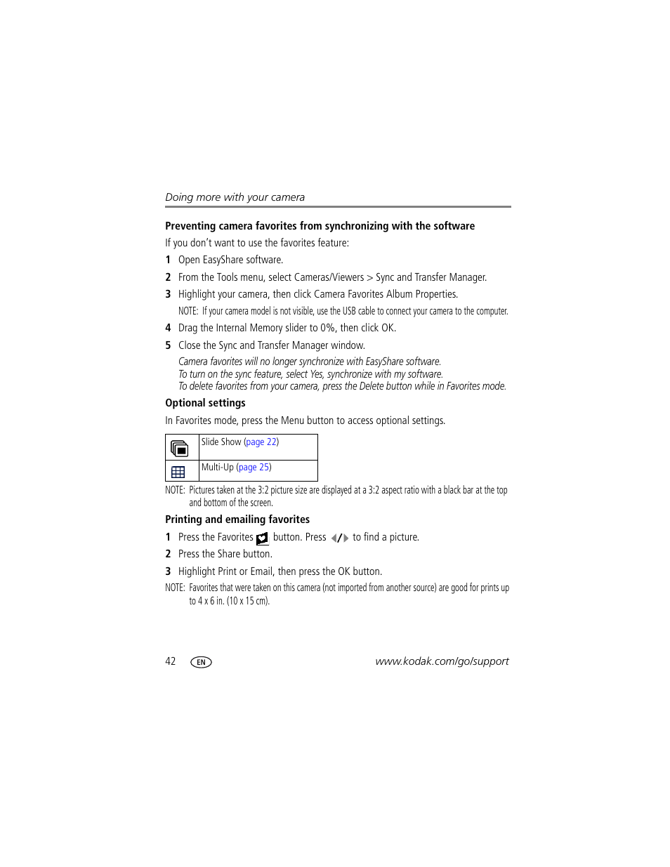 Optional settings, Printing and emailing favorites | Kodak V1233 User Manual | Page 48 / 77