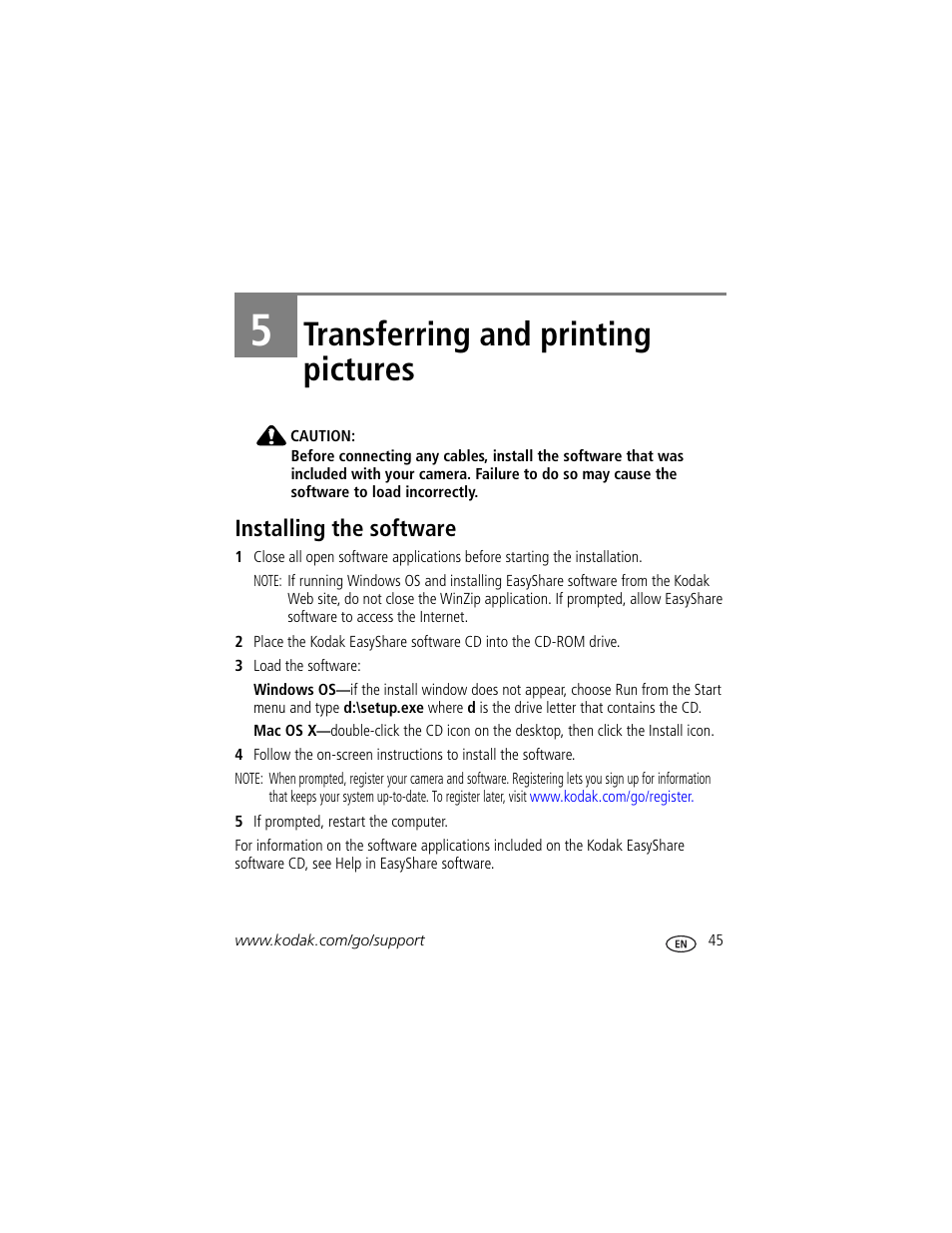 Transferring and printing pictures, Installing the software, 5 transferring and printing pictures | Kodak V1233 User Manual | Page 51 / 77