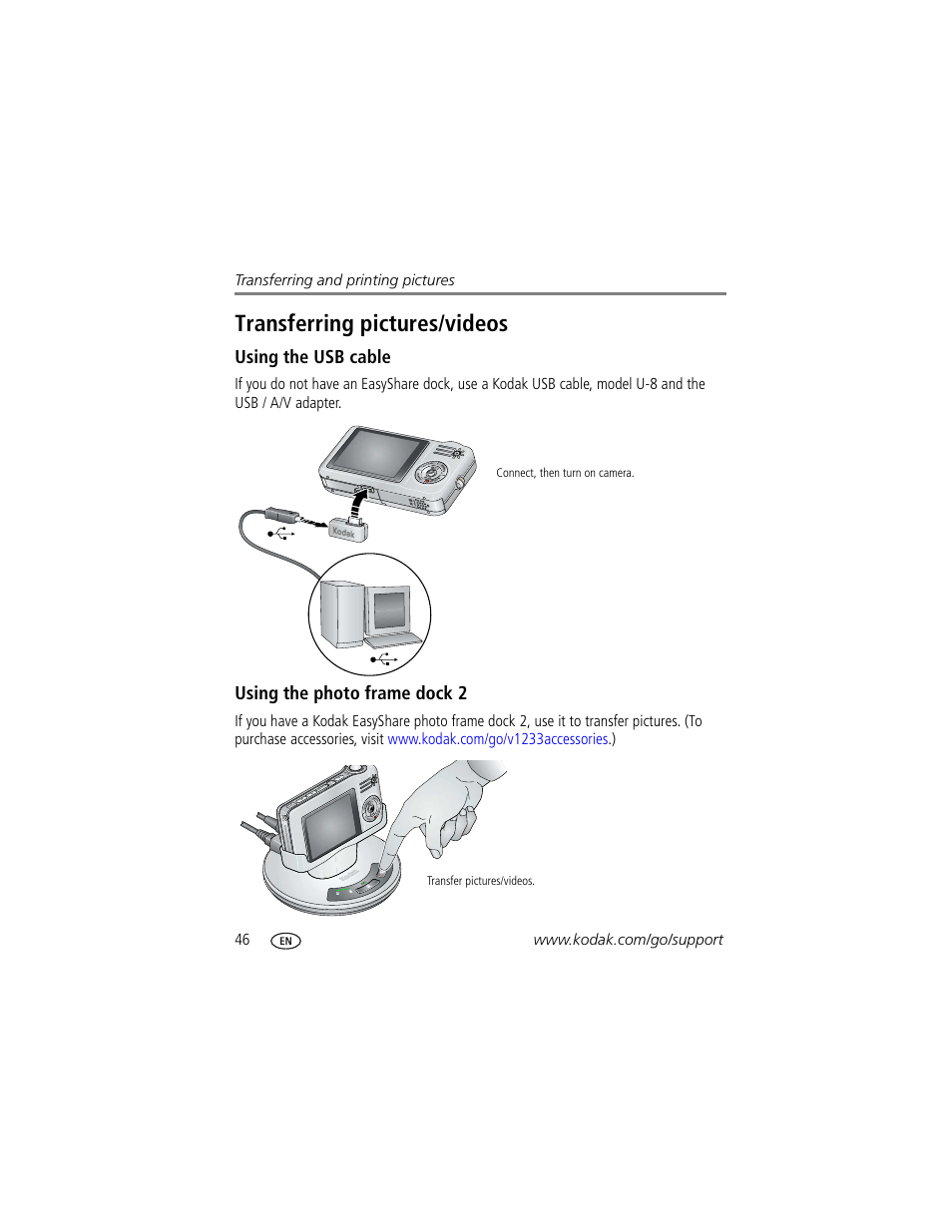 Using the usb cable, Using the photo frame dock 2, Transferring pictures/videos | Kodak V1233 User Manual | Page 52 / 77