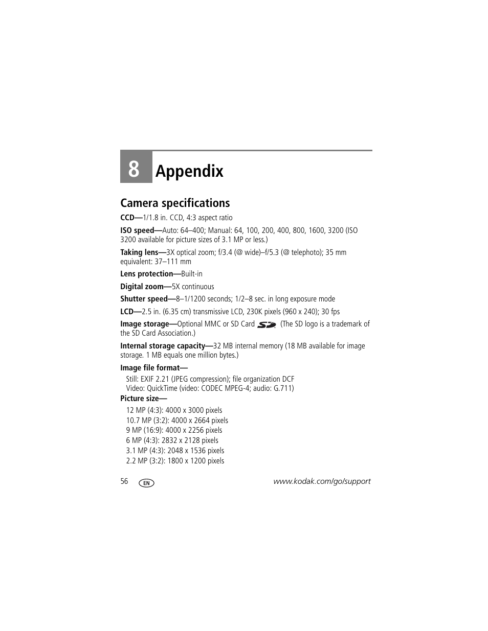 Appendix, Camera specifications, 8 appendix | Kodak V1233 User Manual | Page 62 / 77