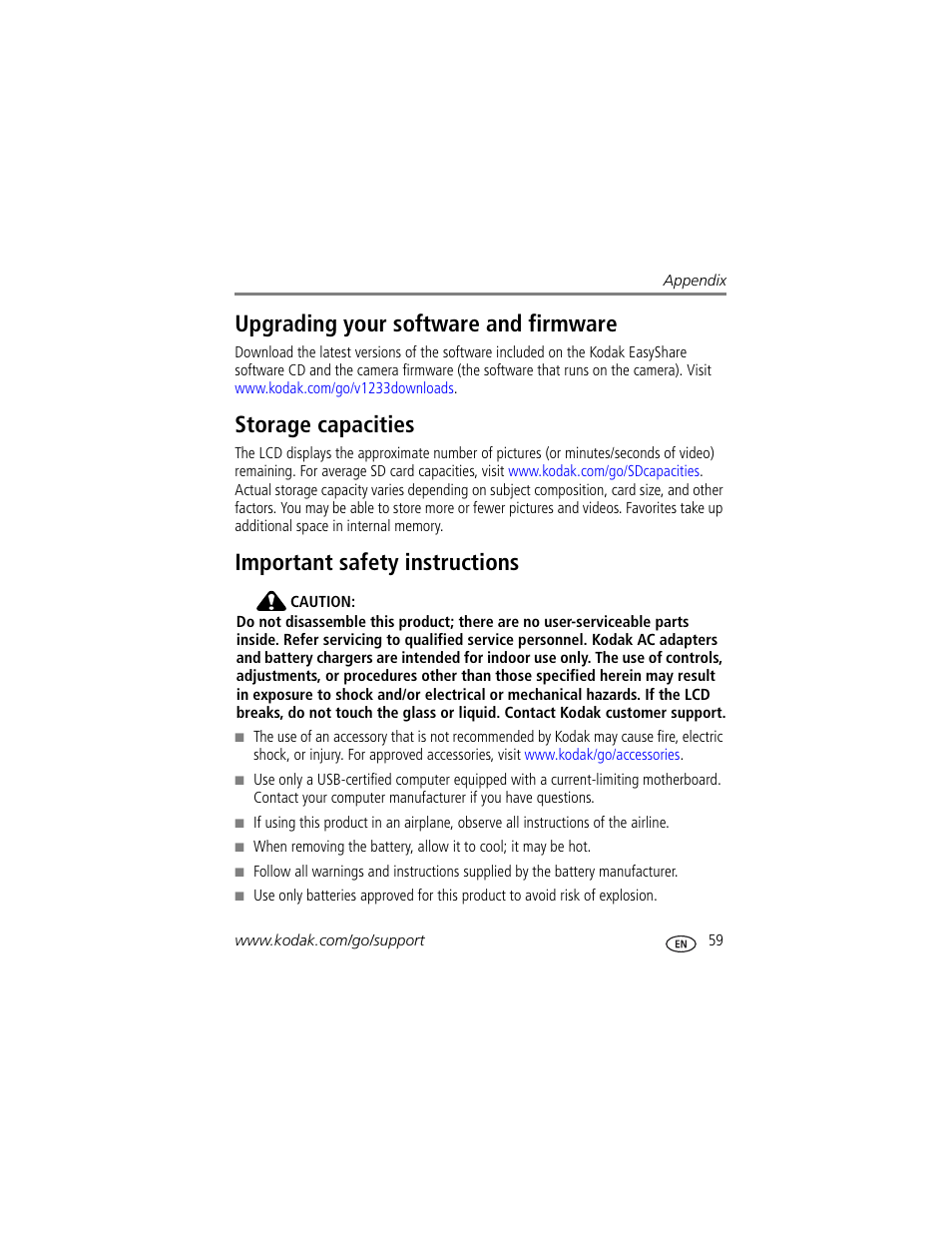 Storage capacities, Important safety instructions, Upgrading your software and firmware | Kodak V1233 User Manual | Page 65 / 77