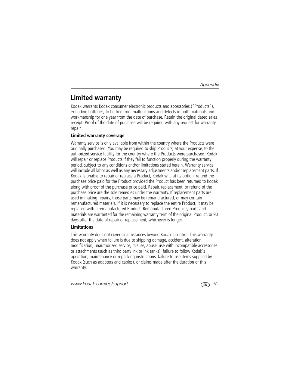 Limited warranty | Kodak V1233 User Manual | Page 67 / 77