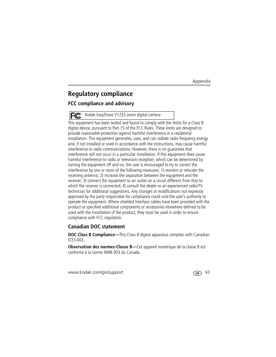 Fcc compliance and advisory, Canadian doc statement, Regulatory compliance | Kodak V1233 User Manual | Page 69 / 77