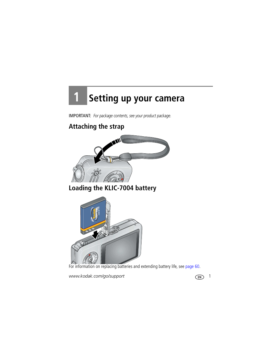 Setting up your camera, Attaching the strap, Loading the klic-7004 battery | 1 setting up your camera, Attaching the strap loading the klic-7004 battery | Kodak V1233 User Manual | Page 7 / 77