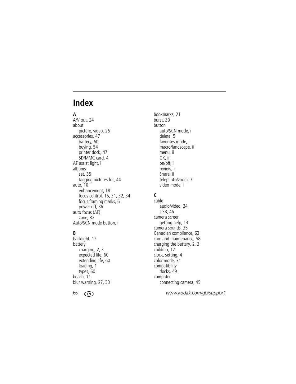 Index | Kodak V1233 User Manual | Page 72 / 77