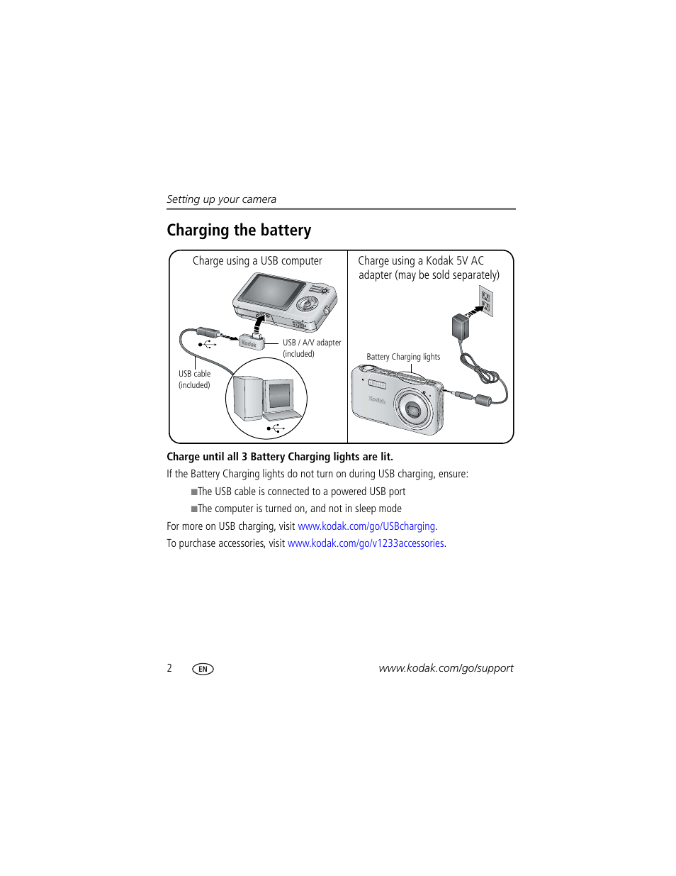 Charging the battery | Kodak V1233 User Manual | Page 8 / 77