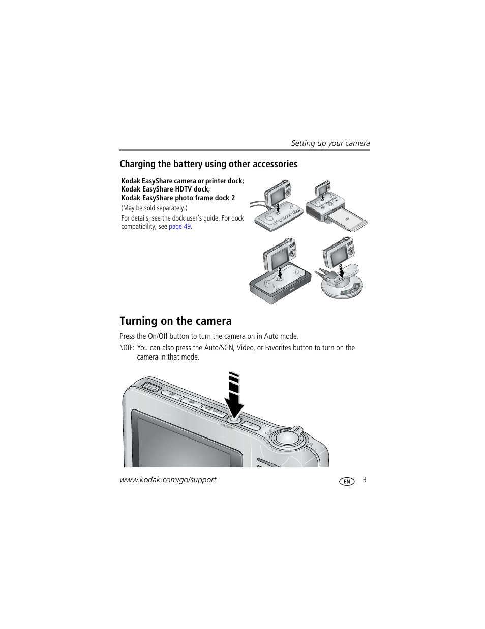 Turning on the camera | Kodak V1233 User Manual | Page 9 / 77