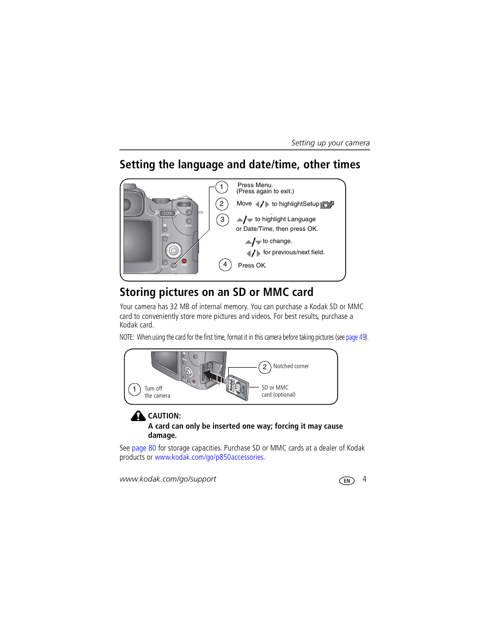Setting the language and date/time, other times, Storing pictures on an sd or mmc card | Kodak P850 User Manual | Page 11 / 106