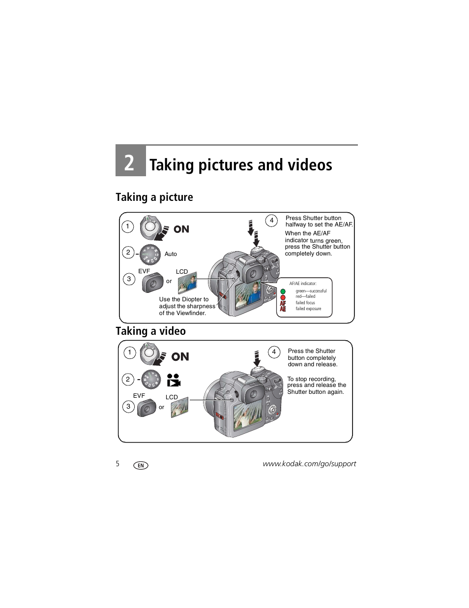 Taking pictures and videos, Taking a picture, Taking a video | 2 taking pictures and videos, Taking a picture taking a video | Kodak P850 User Manual | Page 12 / 106