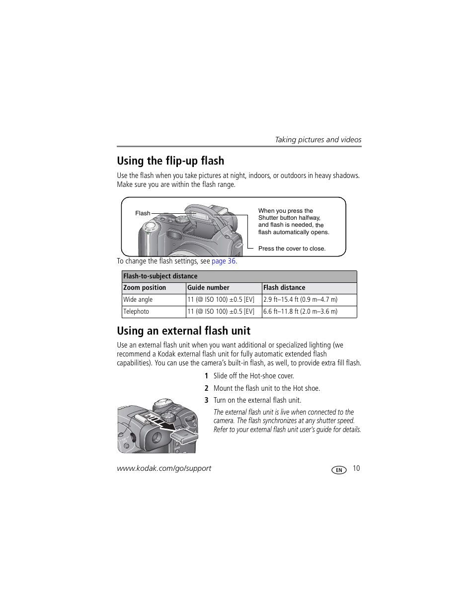 Using the flip-up flash, Using an external flash unit | Kodak P850 User Manual | Page 17 / 106
