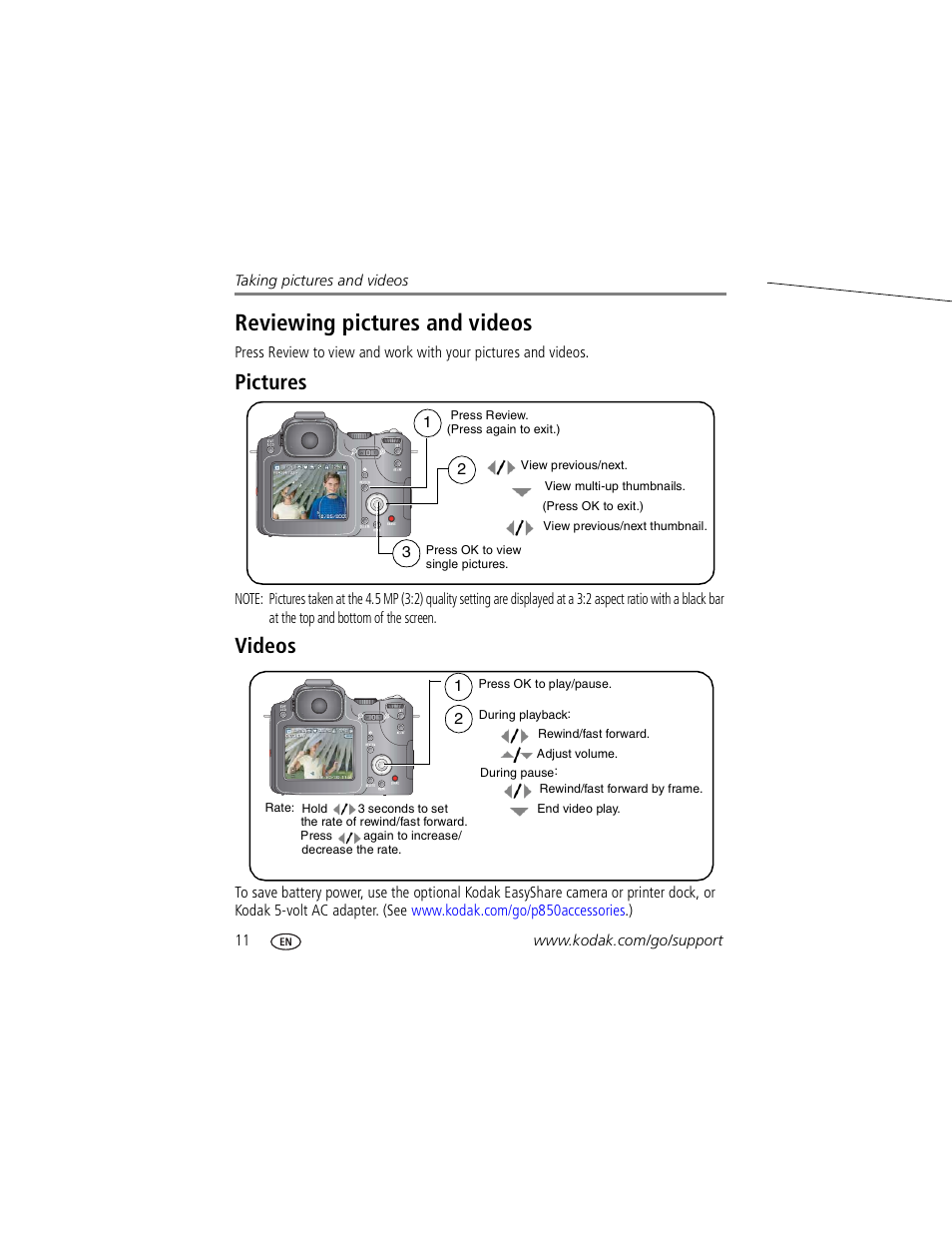 Reviewing pictures and videos, Pictures, Videos | Kodak P850 User Manual | Page 18 / 106
