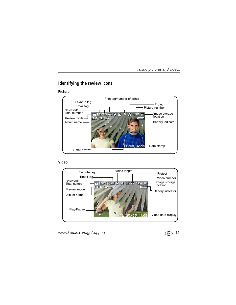 Identifying the review icons, Picture, Video | Kodak P850 User Manual | Page 21 / 106