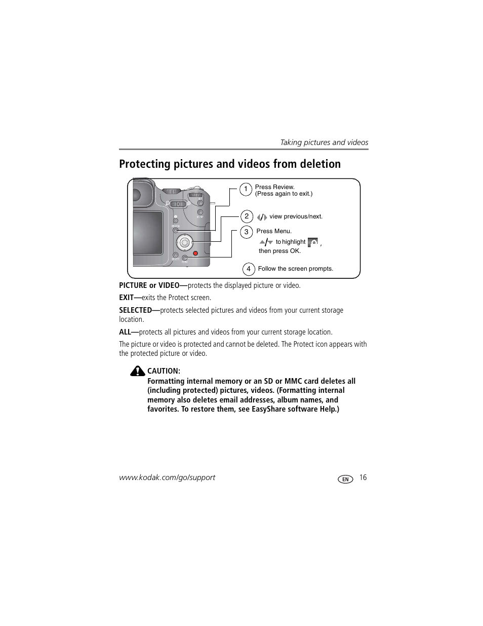 Protecting pictures and videos from deletion | Kodak P850 User Manual | Page 23 / 106