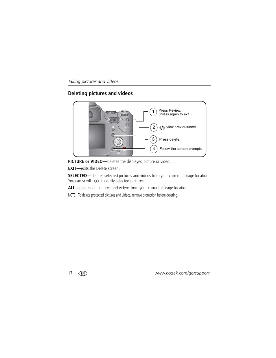 Deleting pictures and videos | Kodak P850 User Manual | Page 24 / 106