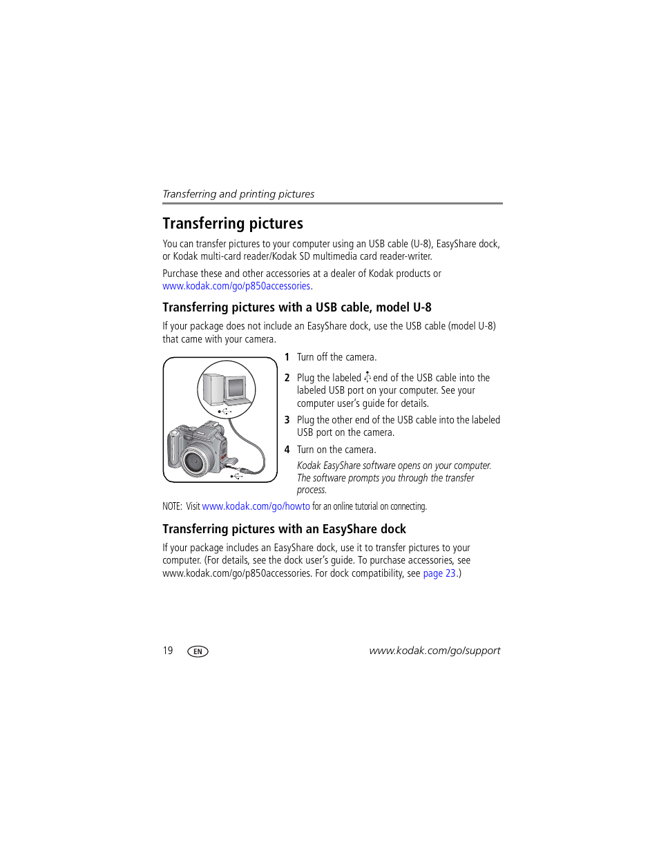 Transferring pictures, Transferring pictures with a usb cable, model u-8, Transferring pictures with an easyshare dock | Kodak P850 User Manual | Page 26 / 106