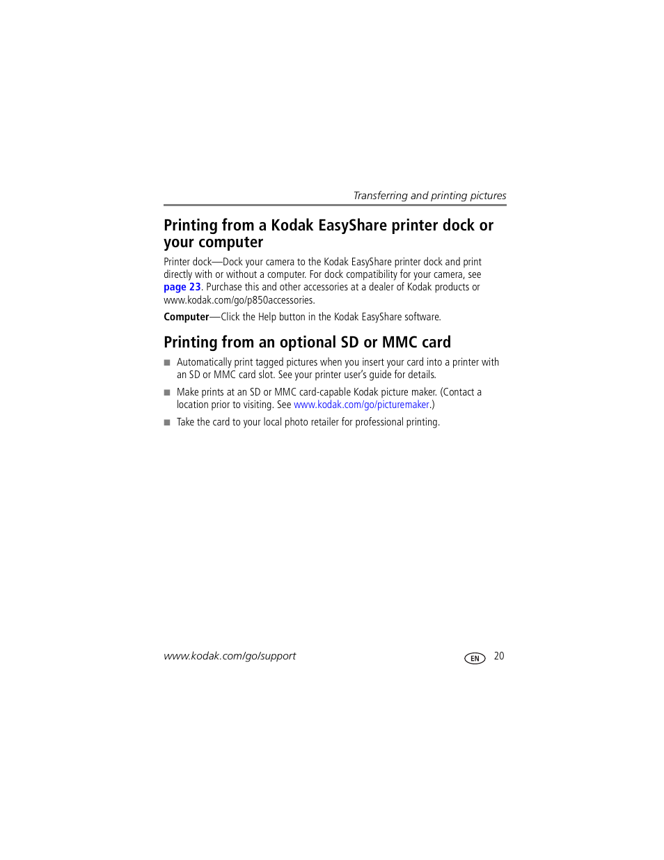Printing from an optional sd or mmc card | Kodak P850 User Manual | Page 27 / 106
