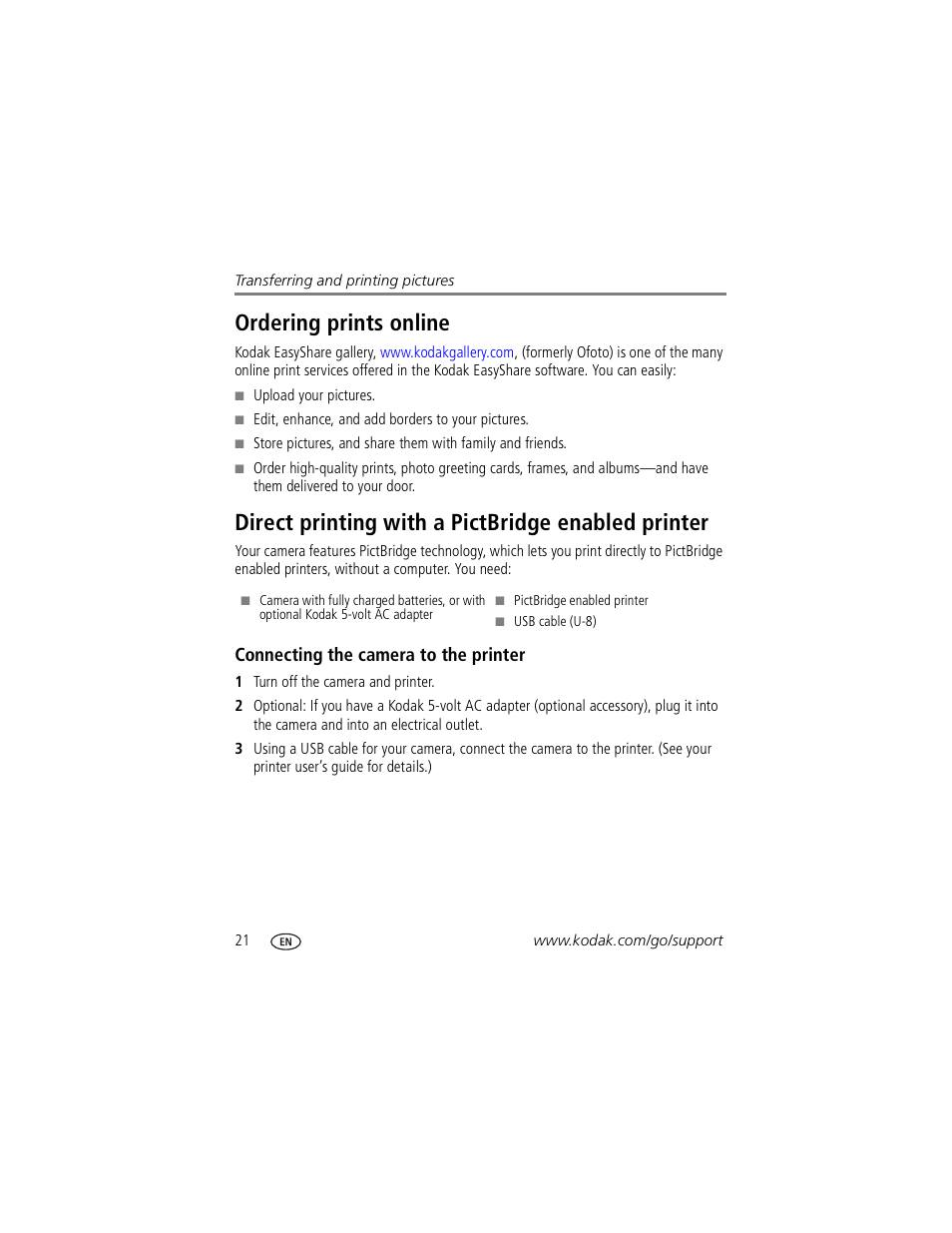 Ordering prints online, Direct printing with a pictbridge enabled printer, Connecting the camera to the printer | Kodak P850 User Manual | Page 28 / 106