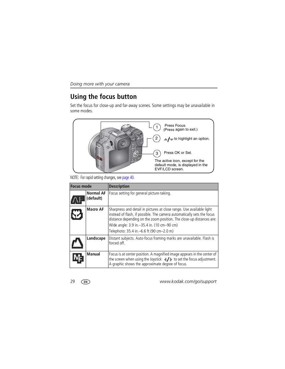Using the focus button | Kodak P850 User Manual | Page 36 / 106