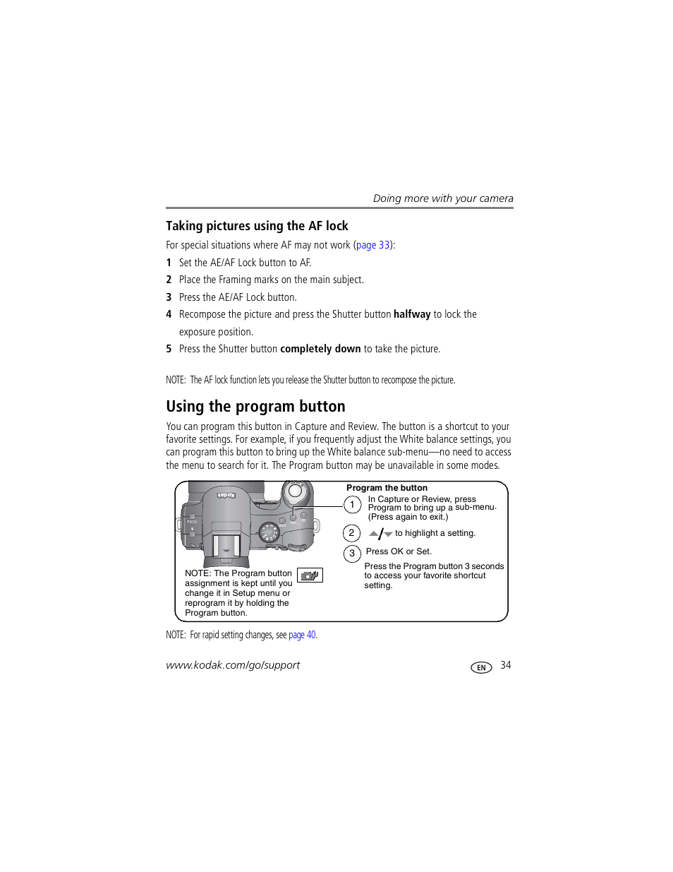 Taking pictures using the af lock, Using the program button | Kodak P850 User Manual | Page 41 / 106