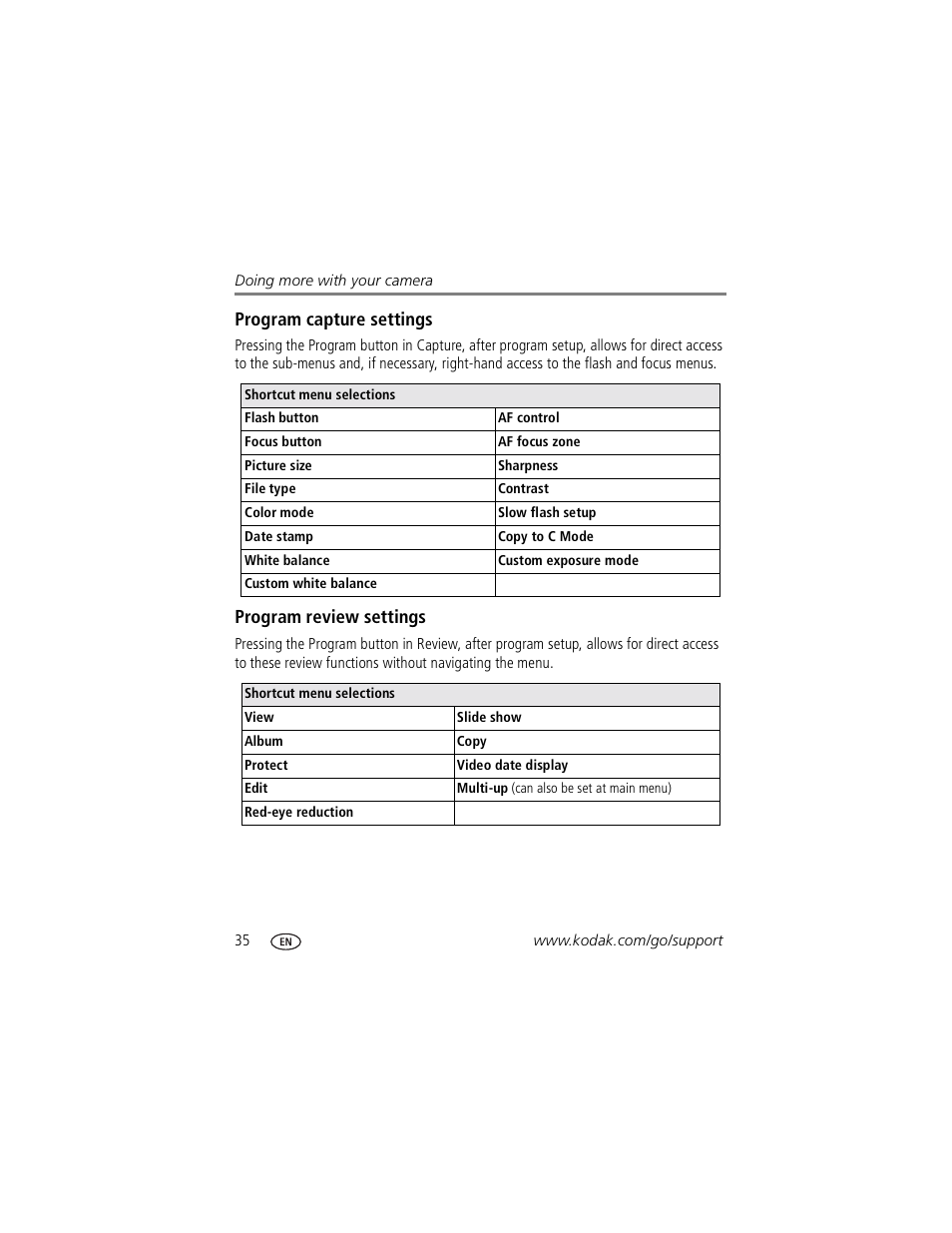 Program review settings, Program capture settings | Kodak P850 User Manual | Page 42 / 106