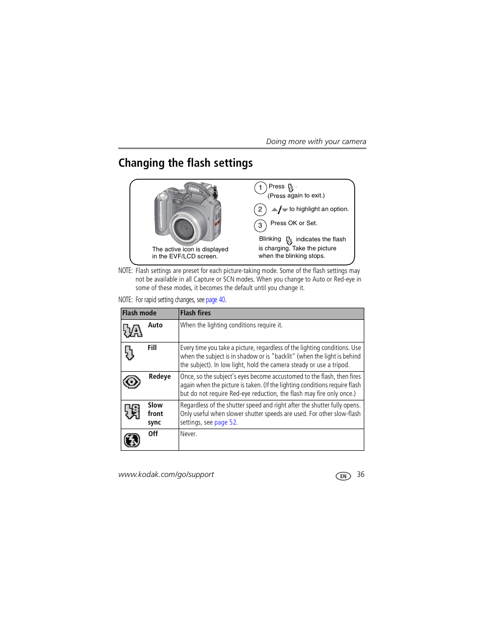 Changing the flash settings | Kodak P850 User Manual | Page 43 / 106