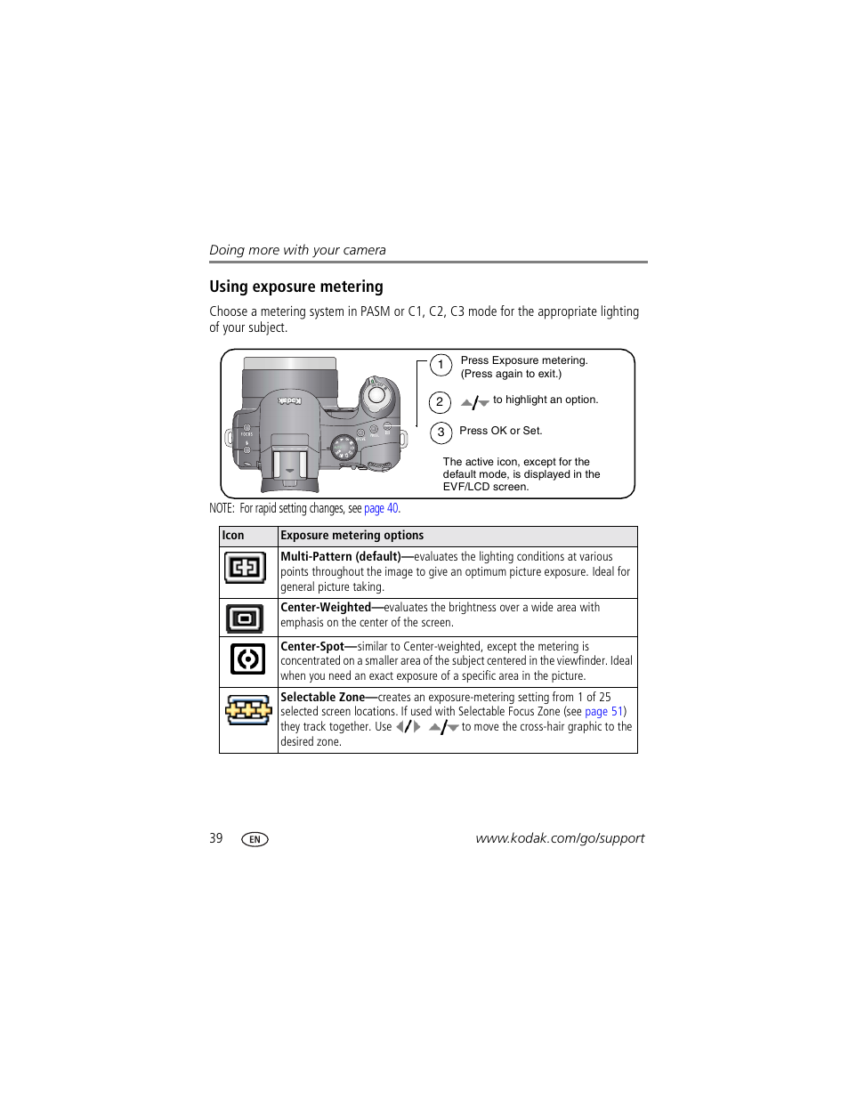 Using exposure metering | Kodak P850 User Manual | Page 46 / 106