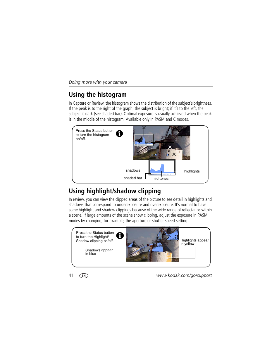 Using the histogram, Using highlight/shadow clipping | Kodak P850 User Manual | Page 48 / 106