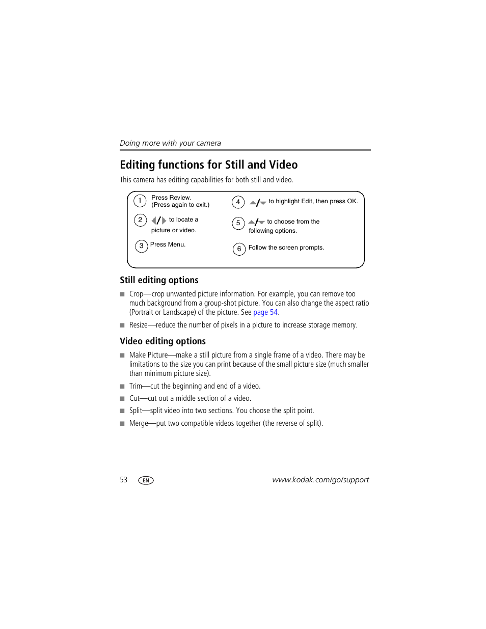 Editing functions for still and video, Still editing options, Video editing options | Kodak P850 User Manual | Page 60 / 106