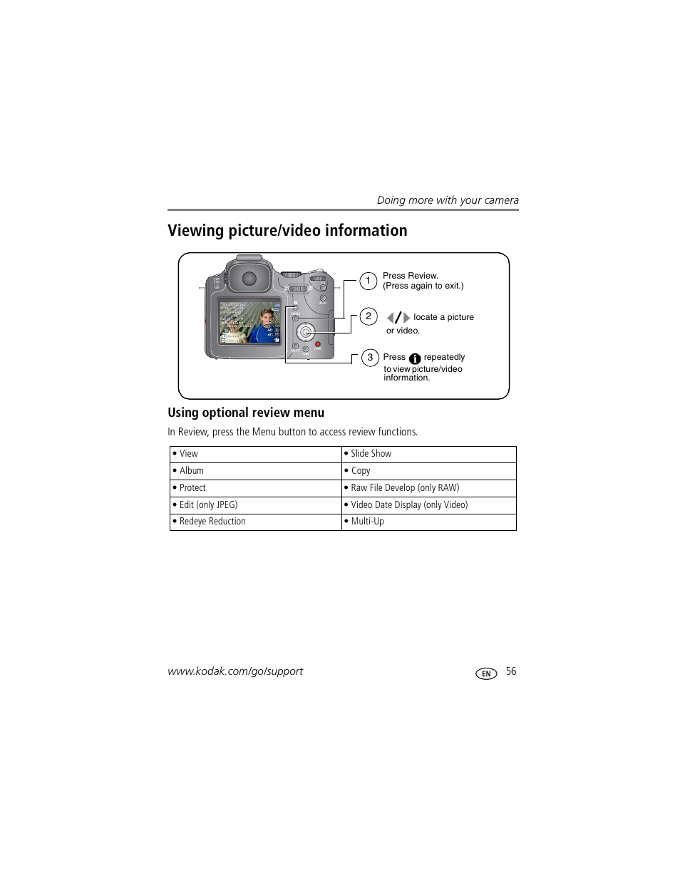Viewing picture/video information, Using optional review menu | Kodak P850 User Manual | Page 63 / 106