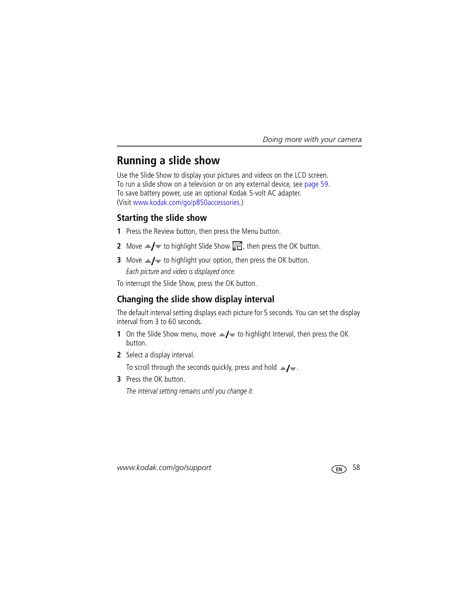 Running a slide show, Starting the slide show, Changing the slide show display interval | Kodak P850 User Manual | Page 65 / 106