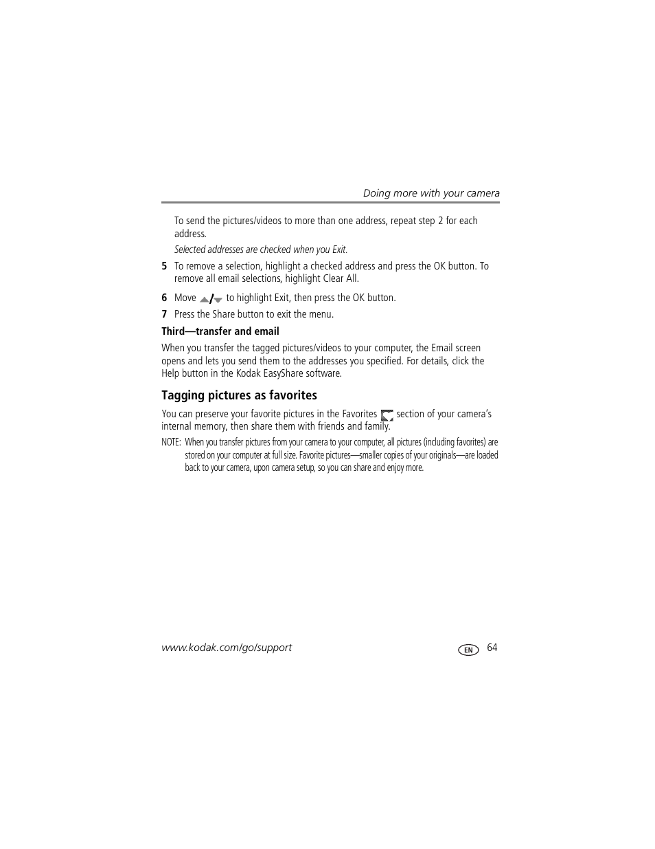 Third-transfer and email, Tagging pictures as favorites | Kodak P850 User Manual | Page 71 / 106