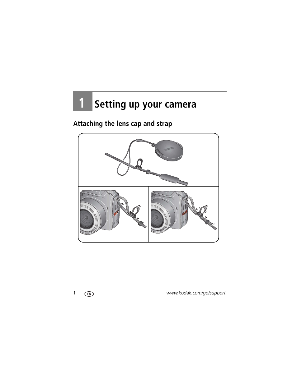Setting up your camera, Attaching the lens cap and strap, 1 setting up your camera | Kodak P850 User Manual | Page 8 / 106